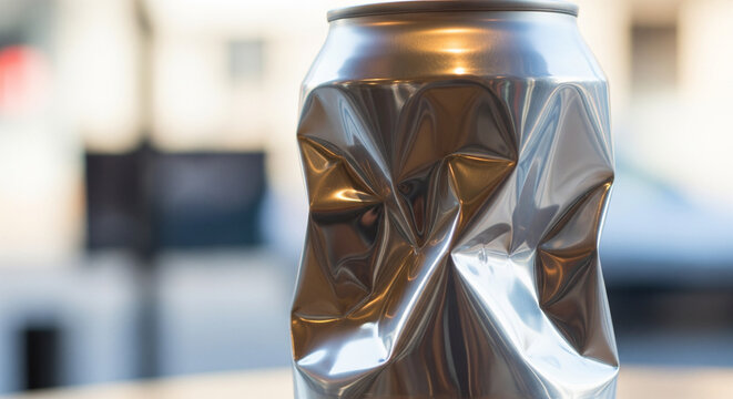 Extreme close-up of a crushed, reflective aluminum can outdoors.
An extreme close-up, shallow depth of field shot focusing on the highly reflective, crushed body of an unlabelled silver aluminum bever