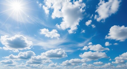 Bright sunny day with fluffy white clouds scattered across a vibrant blue sky, creating a serene and optimistic atmosphere