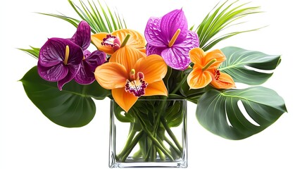 a modern cube vase with orchids, anthuriums, and tropical leaves clipart, exotic decor style, photorealistic vivid color, isolated on white background