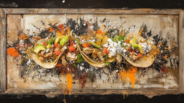 Delicious Mexican Tacos with Chicken and Avocado on a Wooden Plate