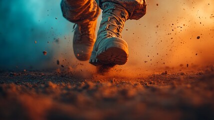 A soldier races forward, boots striking the ground with power, surrounded by dramatic clouds of dust and vibrant colors