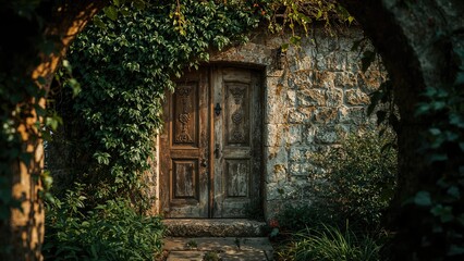 Fototapeta premium Wooden door and climbing bush house, home, building, wall, garden, green, architecture, plant, street, door