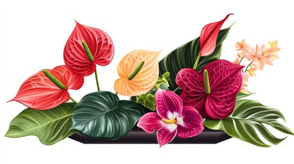 a modern cube vase with orchids, anthuriums, and tropical leaves clipart, exotic decor style, photorealistic vivid color, isolated on white background