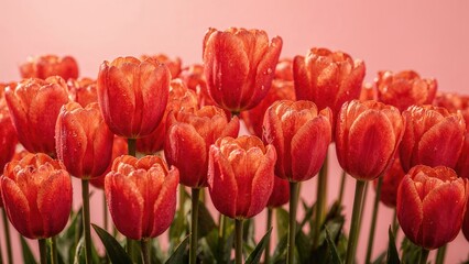 Abundant tulip blooms featuring water droplets.