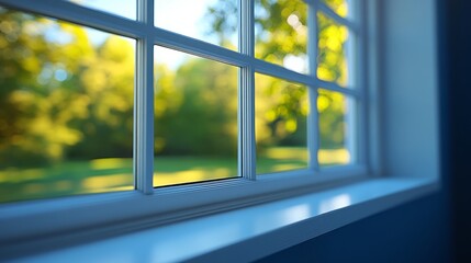 Fototapeta premium Bright sunlight filters through a window, revealing vibrant greenery outside and creating a peaceful atmosphere indoors