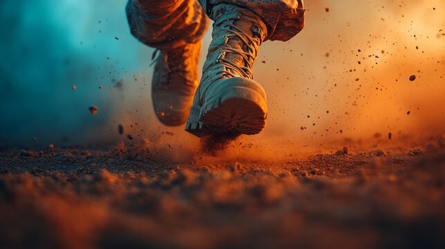 A soldier races forward, boots striking the ground with power, surrounded by dramatic clouds of dust and vibrant colors