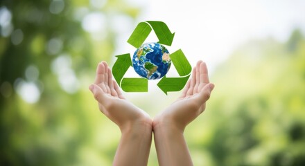 Hands holding planet earth with recycling symbol in green nature background