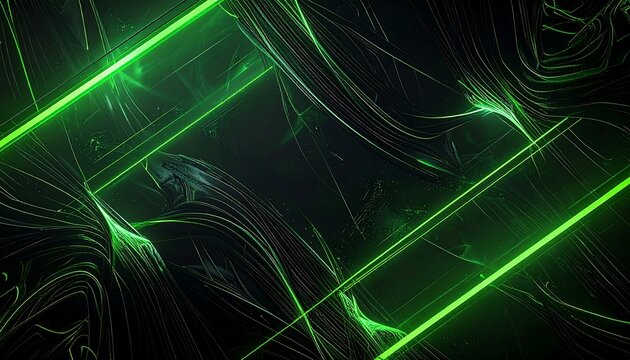 An abstract dark digital artwork features flowing organic green lines over a black background with glowing green rectangular frames