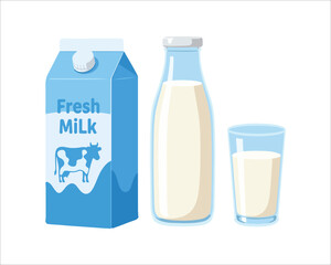 Fresh milk carton bottle and glass dairy product illustration design