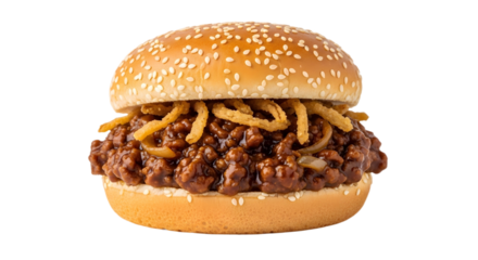 A sloppy joe sandwich with fried onion strings on transparent background, png