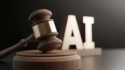 A wooden gavel resting on a sound block with the letters "AI" in the background, symbolizing the legal and ethical considerations surrounding artificial intelligence. The image invokes.