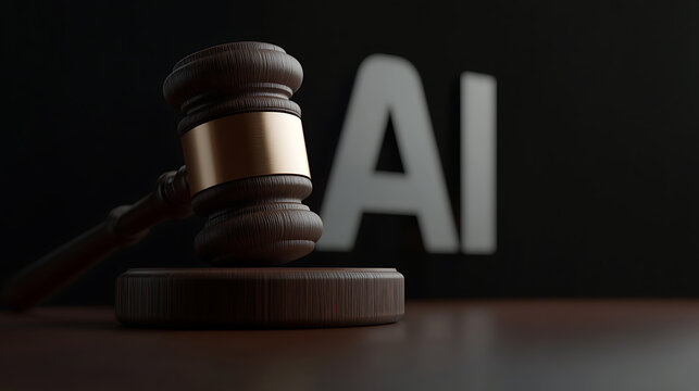 A gavel rests on a sound block against a blurred "AI" backdrop. Symbolizing the intersection of law and artificial intelligence, the image conveys the regulatory challenges ahead.