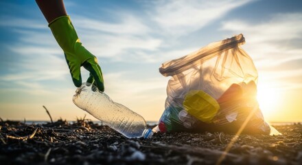 Hand in green glove picking up plastic bottle from ground near bag of trash at sunset