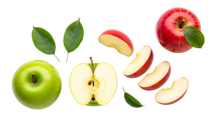 Assortment of apples with leaves and apple slices on transparent background, png