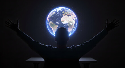 Man reaching for holographic earth globe from office desk. Digital world visualization and global connectivity. Future technology innovation in virtual reality.