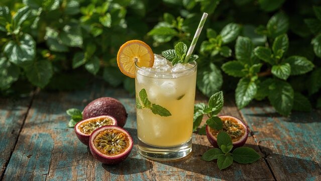 Cold refreshing summer passion fruit mojito on wooden background