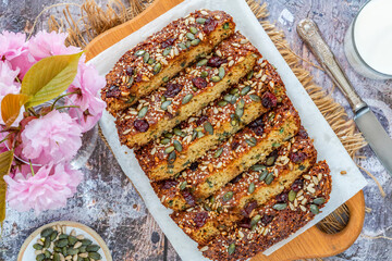 Healthy home baked rolled oats, pumpkin and sunflower seeds breakfast cakes