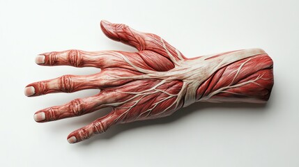 A photorealistic human hand, palm facing up, showing skin texture, veins, and fingernails, isolated on a white backdrop