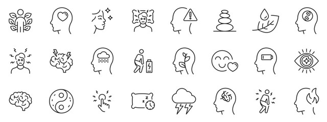 Mindfulness icons set. Outline vector symbols representing mind stress relief, relaxation, meditation, and inner peace. Minimal line design for mental health, calmness, wellness, and self-care concept