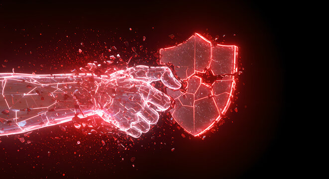 Glowing red fist punching through digital shield. Shattering barrier concept for cybersecurity breach. Futuristic strength and protection visualization in neon style.