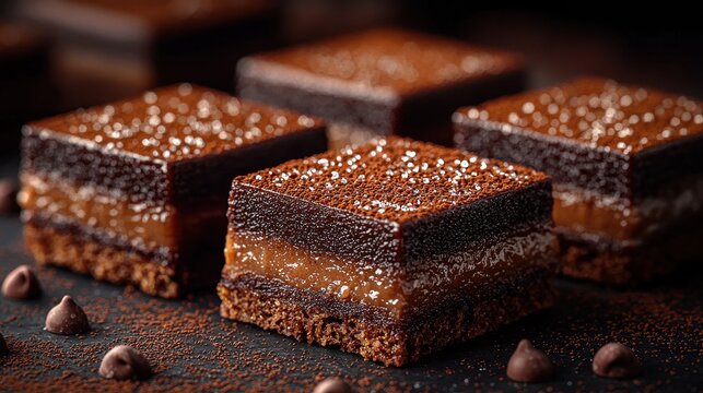 A close up of several square chocolate caramel desserts with chocolate chips around it