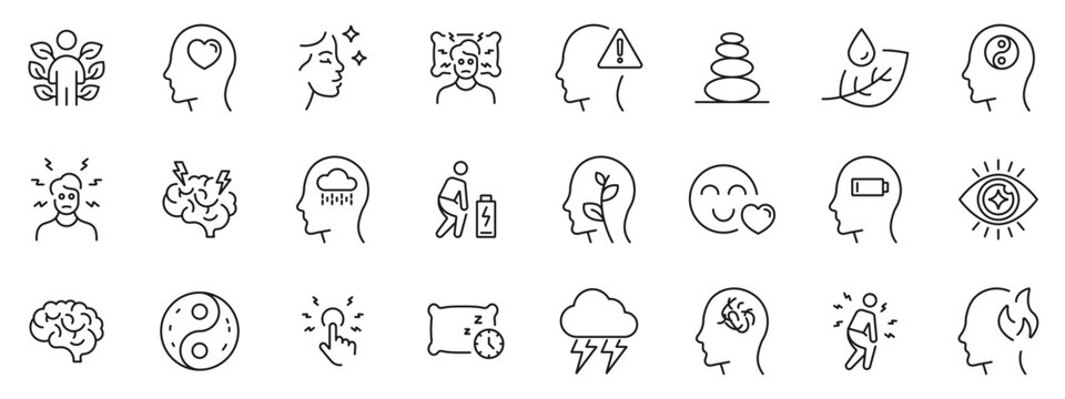 Mindfulness icons set. Outline vector symbols representing mind stress relief, relaxation, meditation, and inner peace. Minimal line design for mental health, calmness, wellness, and self-care concept