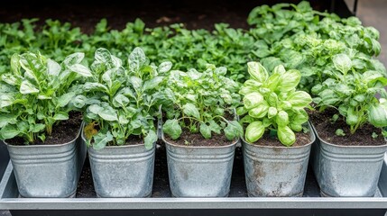 Fototapeta premium Green leafy plants growing in metal pots arranged together