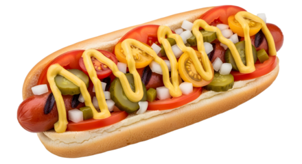 A hot dog with mustard tomatoes and other toppings on transparent background, png