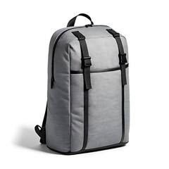 Grey fabric backpack with black straps and zippers on a white background texture