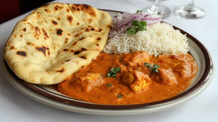 Indian Chicken Tikka Masala with Naan and Rice Served on Plate