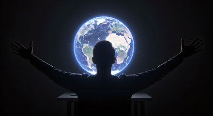 Man sitting at desk from behind with arms outstretched towards glowing earth globe hologram. Embracing world unity and global connectivity concept. Futuristic digital technology visualization for
