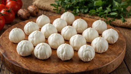 Mozzarella small balls cow's milk or buffalo, goat healthy meal food snack on the table copy space food background rustic top view