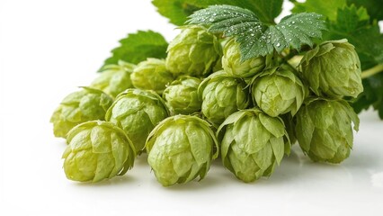 Obraz premium Fresh green hops on white background for beer production.