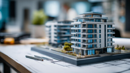 Construction concept showing residential building technical drawings with detailed architectural scale model white construction model blueprints project visualization home