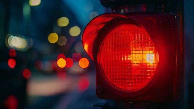 Red traffic light at night with blurred city lights in the background indicating stop for vehicles