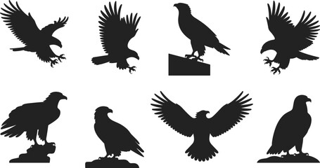 Eagle silhouettes in flight and perched, majestic bird poses, wildlife icons for nature design, branding, and education use, flat vector illustration