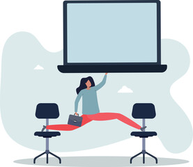 businesswoman working with laptop computer stretching her leg between chairs balance like yoga.life and employment of people.
