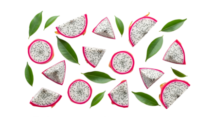 Dragon fruit slices and leaves on transparent background, png