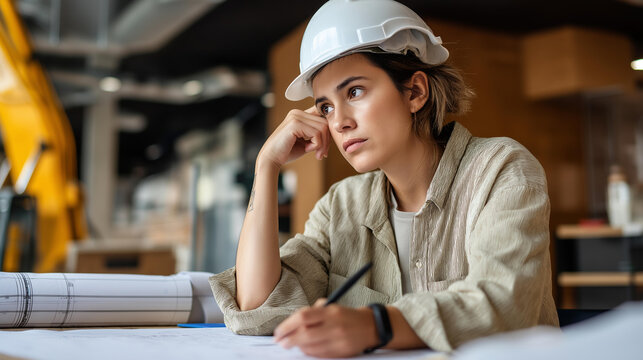 Portrait of faceless young female architect working on construction project at modern desk professional workspace building design engineering profession architectural planning - Powered by Adobe