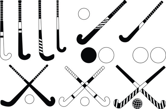 Field hockey sticks and balls, sports equipment icons, black and white design elements, isolated clipart for branding and decor, flat vector illustration