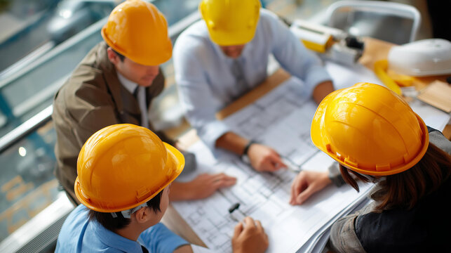 Top view of faceless engineer and architect team meeting around construction blueprints measuring building layout planning session construction site coordination project discus