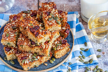 Healthy home baked rolled oats, pumpkin and sunflower seeds breakfast cakes