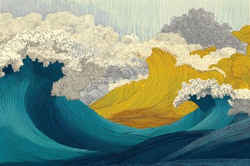 Abstract Ocean Waves and Clouds Illustration with Swirling Line Art Pattern