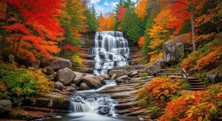 Beautiful cascading waterfall surrounded by vibrant autumn foliage in a lush forest setting