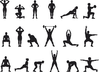 Fitness exercise silhouettes, workout poses, gym movements, stretching, weightlifting, yoga actions, black icons, flat vector illustration, healthy lifestyle design