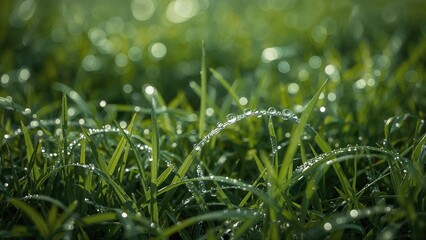 Dew on grass blades in the early morning with water droplets and lush green background. Nature, moisture, and freshness concept. Dew in outdoor grass scenery.