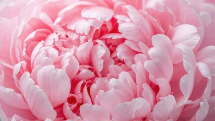 Naklejka premium Soft focus wide banner, blurred rose color flower peony petals, close-up macro nature background. Beautiful bloom backdrop. Pink white flowers top view, flowery wallpaper, pastel color floral pattern