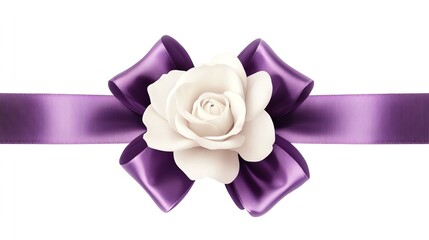 a purple ribbon bow with a white rose in the center, photorealistic design, clean and elegant, isolated on white background