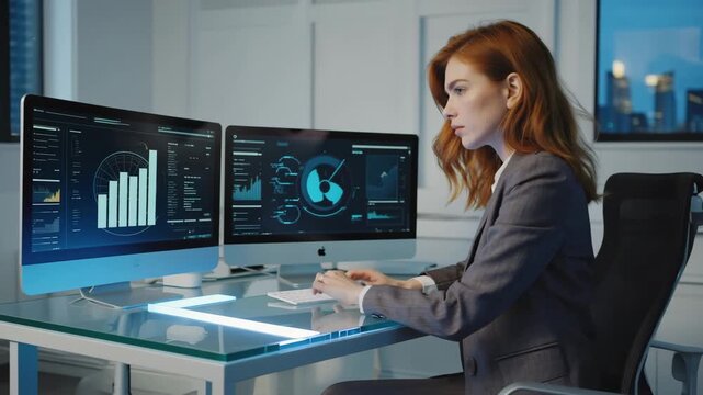 Female professional in gray suit working at modern desk with dual monitors displaying data analytics, showcasing technology and innovation in a contemporary workspace - Powered by Adobe