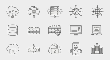 A collection of network and security icons depicting cloud services, servers, and firewalls